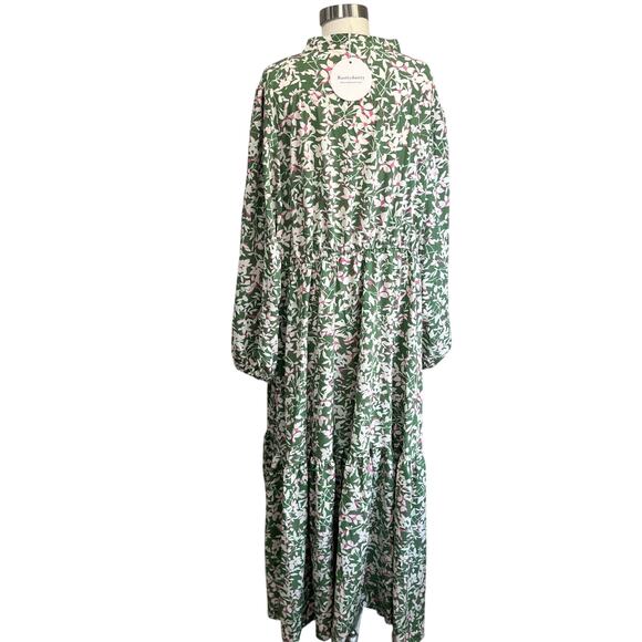 Rusttydustty Green Floral Boho Maxi Dress Size 4XL Long Sleeve Smocked Waist - Picture 4 of 11